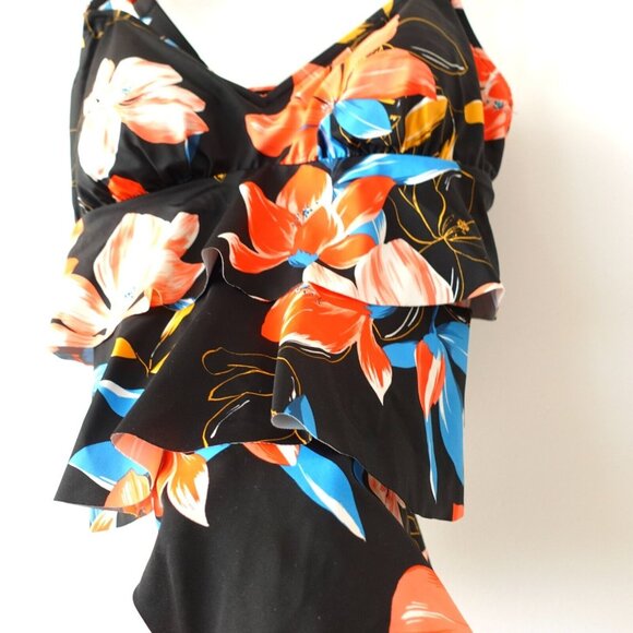 Black Floral Tankini Swim Top Large Layered V Neck Bold Hawaiian Boho Beach - Picture 3 of 8